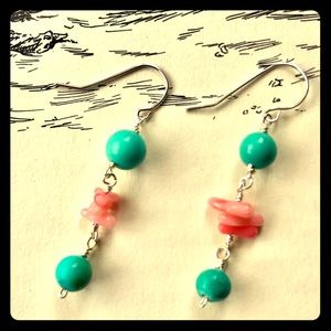 NWT Turquoise & Pink Coral Silver Drop Earrings